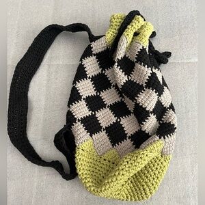 Handmade Crochet Black Gray Checkered WMN Shoulder Bag Green Accent